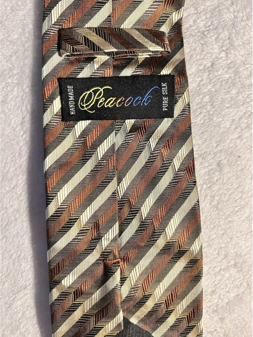Peacock Men's Silk Tie Brown Cream And Orange Striped  3.75 x 59.25 Handmade